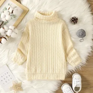 Baby Girl Solid Cable Knit Turtleneck Long-sleeve Sweater Dress #204347