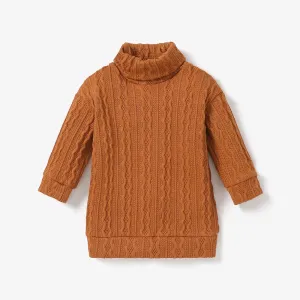 Baby Girl Solid Cable Knit Turtleneck Long-sleeve Sweater Dress #204352