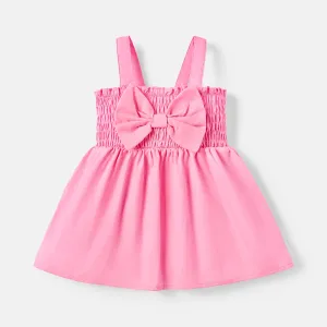 Baby Girl Solid Cotton Shirred Bow Front Tank Dress #834480