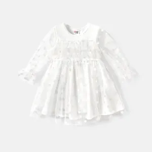 Baby Girl Solid Layered Ruffle Trim Polka Dots Mesh Long-sleeve Dress #666255