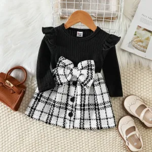Baby Girl Solid Rib Knit Ruffle Long-sleeve Spliced Tweed Bow Front Dress #213900