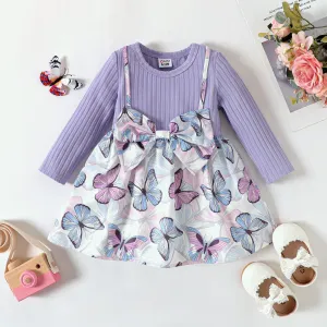 Baby Girl Solid Rib Knit Spliced Allover Butterfly Print Bow Front Long-sleeve Dress #211926