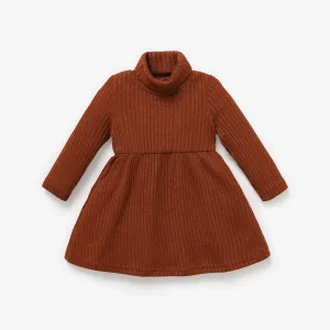 Baby Girl Solid Rib Knit Turtleneck Long-sleeve Dress #212059