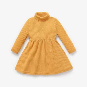 Baby Girl Solid Rib Knit Turtleneck Long-sleeve Dress #212064