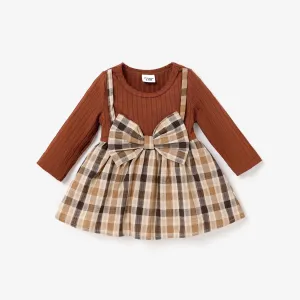 Baby Girl Solid Ribbed Long-sleeve Splicing Plaid Bowknot Dress #829544