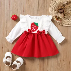 Baby Girl Strawberry Embroidery Ruffle Bow Decor Long-sleeve Dress #1054805