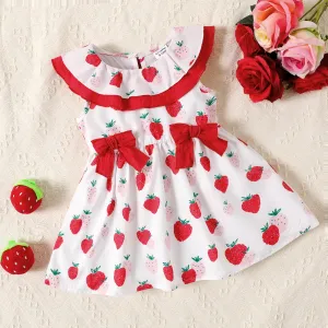 Baby Girl Strawberry Print Bow Decor Ruffled Tank Dress #927982