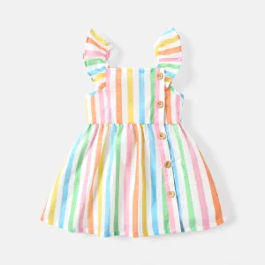 Baby Girl Stripe Button Design Flutter-sleeve Dress #219574