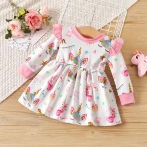 Baby Girl Sweet Ruffle Edge Animal Unicorn Pattern Long Sleeve Dress #1063917