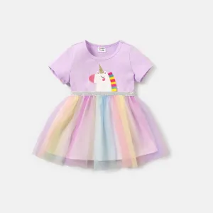 Baby Girl Unicorn Embroidered Mesh Splice Short-sleeve Fairy Dress #865123