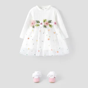 Baby Girl White Ribbed Long-sleeve Splicing Floral Embroidered Mesh Fairy Dress #198335