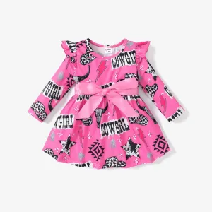 Baby Girl's Flutter Sleeve Avant-garde Letter Animal Pattern Cowboy styleDress #1195861