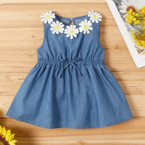 Baby / Toddler Girl Sunflower Decor Denim Sleeveless Dress #783545