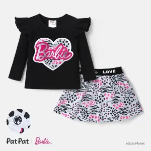 Barbie Baby Girl 2pcs Naiaâ¢ Leopard Heart Letter Print Ruffled Long-sleeve Top and Leopard Skirt Set #1053113