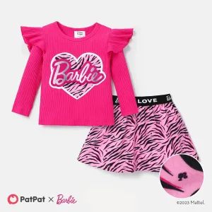 Barbie Baby Girl 2pcs Naiaâ¢ Leopard Heart Letter Print Ruffled Long-sleeve Top and Leopard Skirt Set #1053118