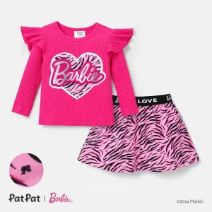 Barbie Baby Girl 2pcs Naiaâ¢ Leopard Heart Letter Print Ruffled Long-sleeve Top and Leopard Skirt Set #1053119