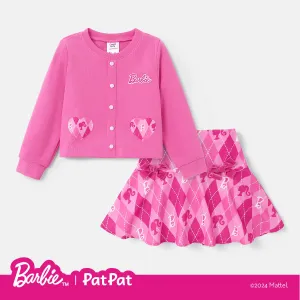 Barbie Kid Girl 2pcs Heart Print Corduroy Top and Plaid Skirt Set #1055380