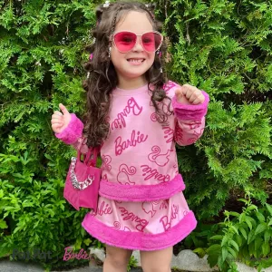 Barbie Kid Girl 2pcs Naiaâ¢ Figure Letter Print Fuzzy Trim Pullover and Skirt Set