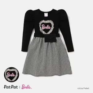 Barbie Mesh Heart Decor Houndstooth Panel Sibling Matching Gigot Sleeve Dresses with Belt Bag #1055226