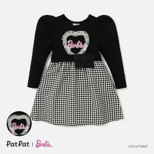 Barbie Mesh Heart Decor Houndstooth Panel Sibling Matching Gigot Sleeve Dresses with Belt Bag #1055233