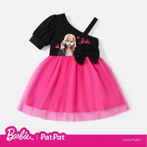 Barbie Toddler Girl Mother's Day Bowknot Design Cotton One Shoulder Mesh Splice Dress