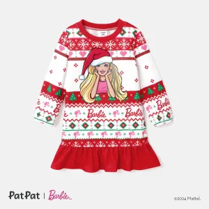 Barbie Toddler Girl Christmas Grass-green Ruffle Hem Long-sleeve Dress #1076432