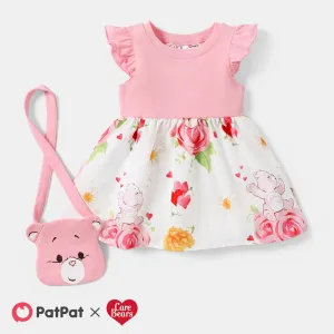Care Bears 2pcs Baby Girl Solid & Print Spliced Flutter-sleeve Dress with Crossbody Bag Set #233474
