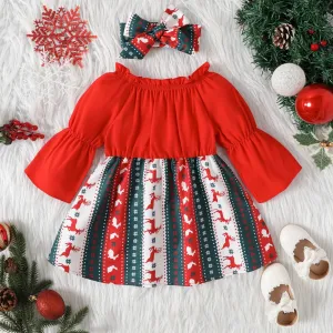 Christmas 2pcs Baby Girl Frill Off Shoulder Bell-sleeve Solid Spliced Print Dress with Headband Set