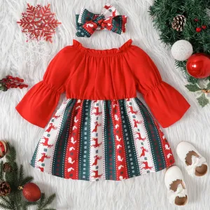 Christmas 2pcs Baby Girl Frill Off Shoulder Bell-sleeve Solid Spliced Print Dress with Headband Set #996047