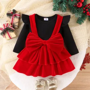 Christmas 2Pcs Baby Girl Solid color Hyper-Tactile Solid Color 95% cotton Long Sleeve Suit Dress #1195225