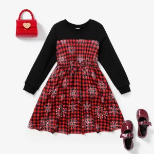 Christmas Kid Girl Colorblock Plaid patter bowknot design Dress #1193167