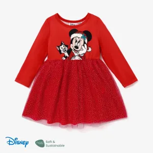 Disney Mickey and Friends Christmas Toddler Girl Naiaâ¢ Character Print Long-sleeve Mesh Overlay Dress #1176069