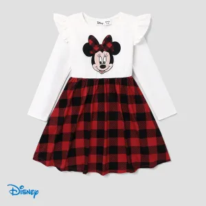 Disney Mickey and Friends Kid Girl Ruffled Long-sleeve Red and Black Checkered Dress #1188918