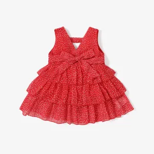 Dots or Floral Print Flounce Layered Sleeveless Baby Dress #719835