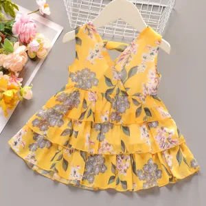 Dots or Floral Print Flounce Layered Sleeveless Baby Dress #818206