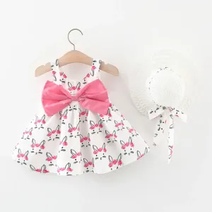 2pcs Baby Girl Bow Front Pretty Rabbit Print Tank Dress & Hat Set #784557