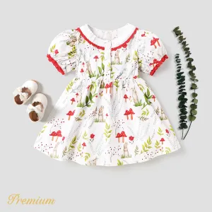 Baby Girl 100% Cotton Allover Rabbit Print Puff-sleeve Dress #865495