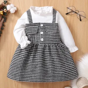 Frilly Collar Long-sleeve Splicing Pink Baby Faux-two Houndstooth Dress #193934