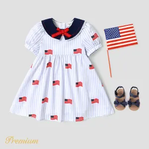Indepence Day Toddler Girl 100% Cotton American Flag Print Contrast Collar Puff-sleeve Dress #908526