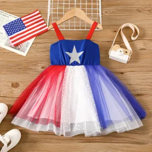 Independence Day Toddler Girl Star Print Mesh Overlay Cami Dress #1038540