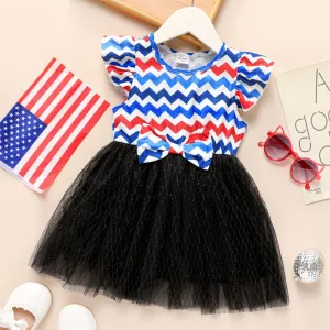 Independence Day Toddler Girl Stripe Panel Mesh Overlay Dress #1107617