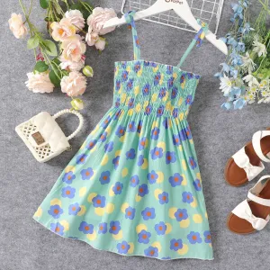Kid Girl 100% Cotton Allover Floral Print Smocked Slip Dress #1034015