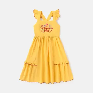 Kid Girl 100% Cotton Floral & Letter Embroidered Ruffled Overall Dress