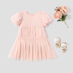 Kid Girl 100% Cotton Solid Textured Splice Mesh Puff-sleeve Dress #908600