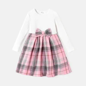 Kid Girl 3D Bowknot Design Pleated Plaid Splice Long-sleeve Dress #225736