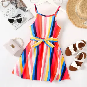 Kid Girl Allover Stripe Print Belted Slip Dress #1037303