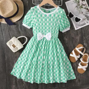 Kid Girl Bow Front Short-sleeve Green Textured Dress #1046565