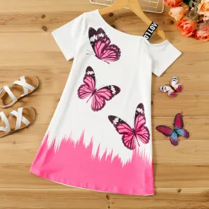 Kid Girl Butterfly Print Colorblock Cold Shoulder Short-sleeve Dress #200166