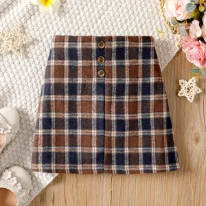 Kid Girl Button Design Plaid Skirt #215436