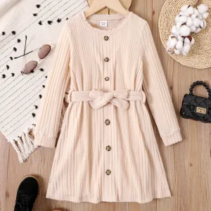 Kid Girl Button Up  Long-sleeve Belted Knit Dress #1050936
